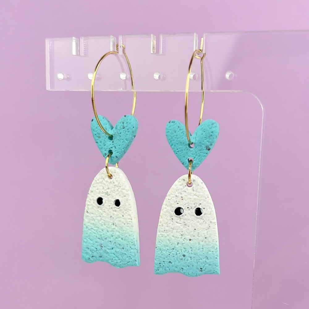 Ombré Blue Spooky Ghost Handmade Polymer Clay Dangle Hoop Earrings